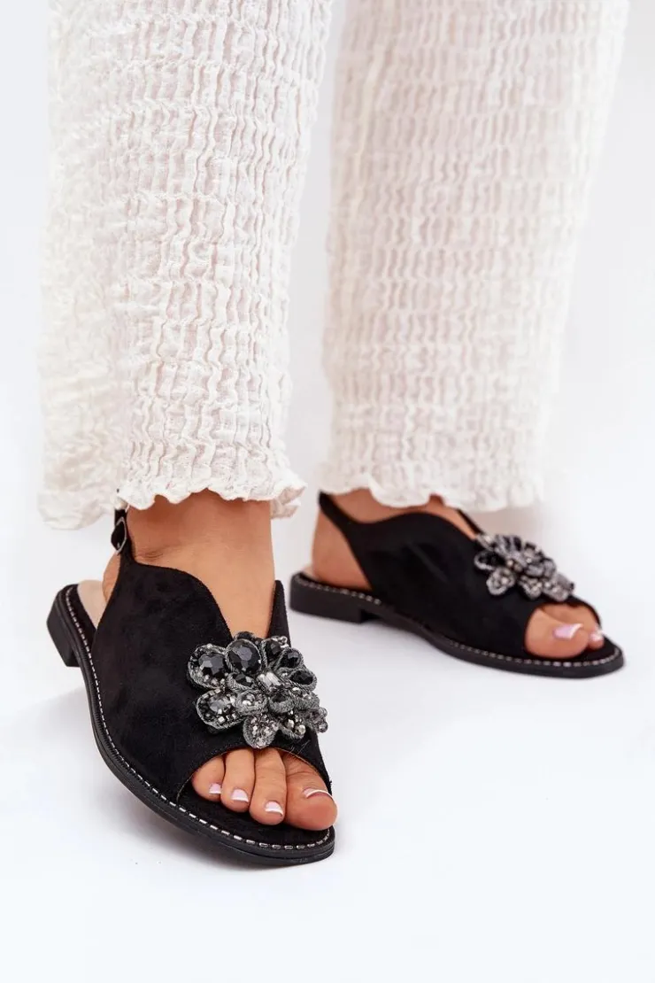 Damskie Damskie buty S.Barski Sandały Damskie Na Płaskim Obcasie Z Ozdobą S.Barski KV27-001 Czarne