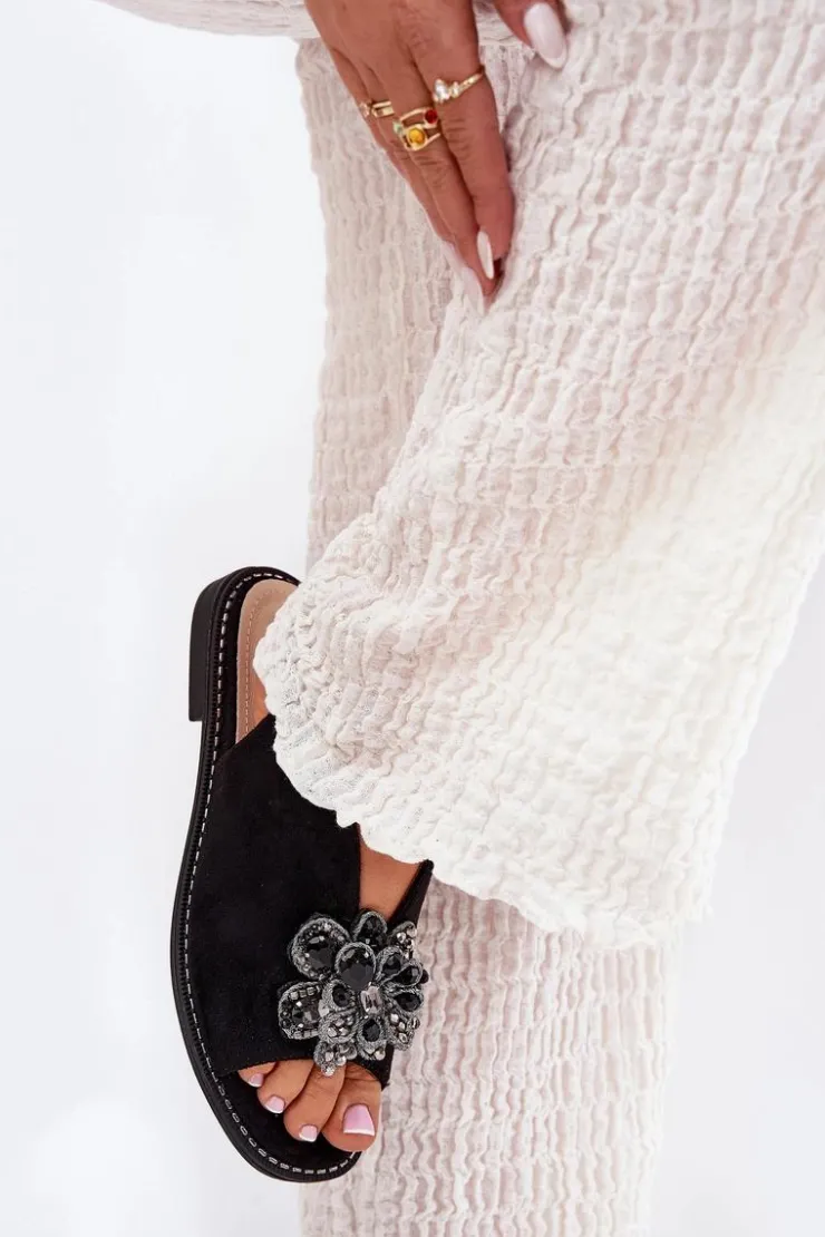 Damskie Damskie buty S.Barski Sandały Damskie Na Płaskim Obcasie Z Ozdobą S.Barski KV27-001 Czarne