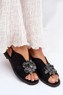 Damskie Damskie buty S.Barski Sandały Damskie Na Płaskim Obcasie Z Ozdobą S.Barski KV27-001 Czarne