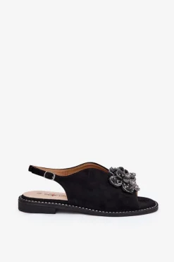 Damskie Damskie buty S.Barski Sandały Damskie Na Płaskim Obcasie Z Ozdobą S.Barski KV27-001 Czarne