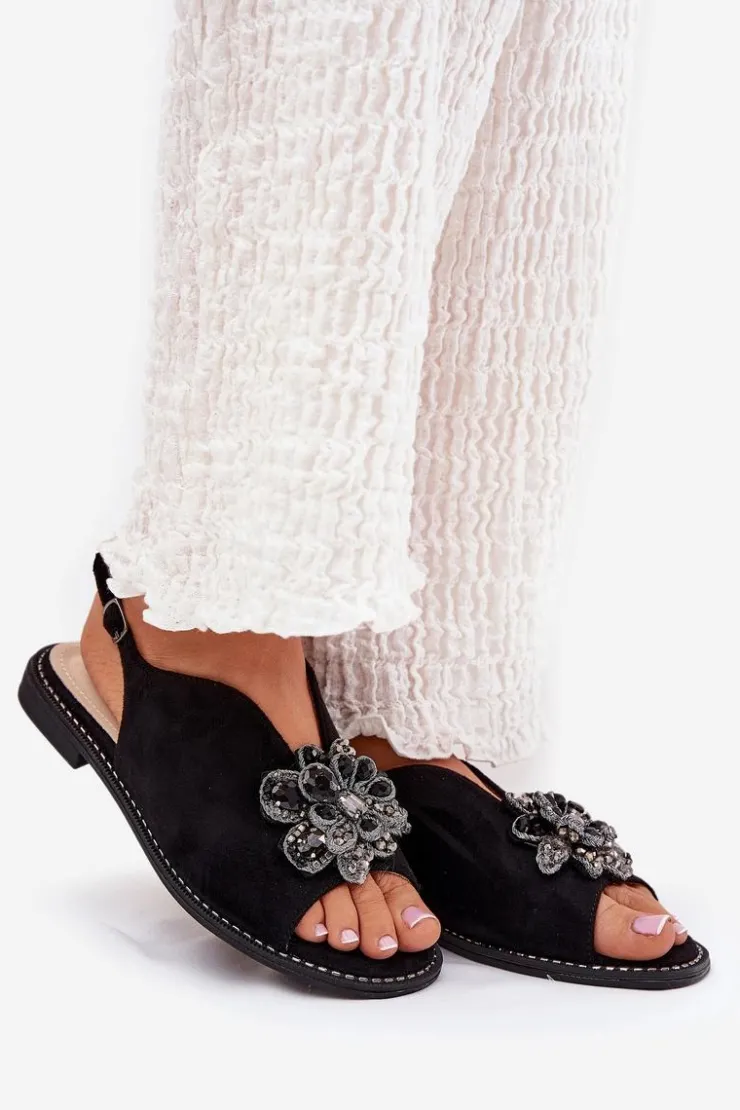 Damskie Damskie buty S.Barski Sandały Damskie Na Płaskim Obcasie Z Ozdobą S.Barski KV27-001 Czarne