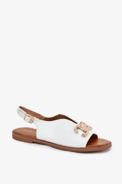 Damskie Evento Sandały Damskie Na Płaskim Obcasie Ze Złotą Ozdobą Białe Amelira