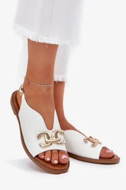 Damskie Evento Sandały Damskie Na Płaskim Obcasie Ze Złotą Ozdobą Białe Amelira