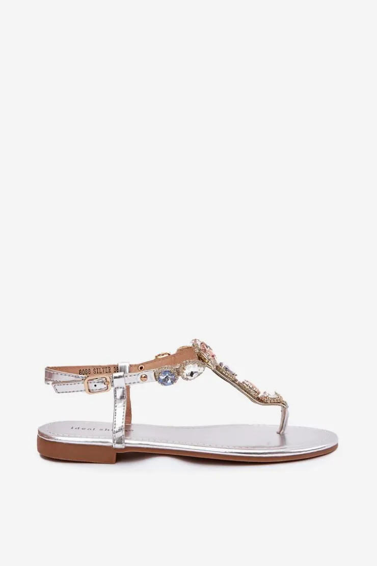 Damskie Boto Sandały Damskie Na Płaskim Obcasie Z Kryształkami Srebrne Fiolalia