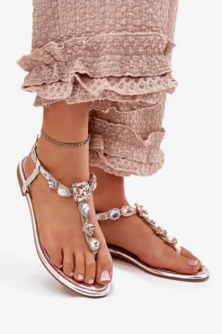 Damskie Boto Sandały Damskie Na Płaskim Obcasie Z Kryształkami Srebrne Fiolalia