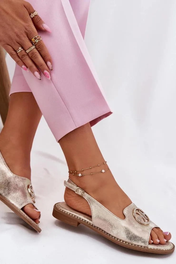 Damskie buty S.Barski Sandały Płaskie*Sandały Damskie Na Płaskim Obcasie Z Ozdobą S.Barski KV51-002 Złote Złoty