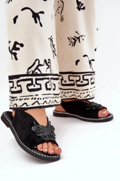 Boto Sandały Płaskie*Sandały Damskie Na Płaskim Obcasie Z Ozdobą Czarne Setorina Czarny