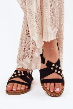 Boto Sandały Płaskie*Sandały Damskie Na Płaskim Obcasie Ze Złotymi Ćwiekami Czarne Zanira Czarny