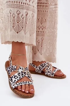 Damskie Boto Sandały Damskie Na Płaskim Obcasie Ze Złotymi Ćwiekami Biało-Czarne Zanira