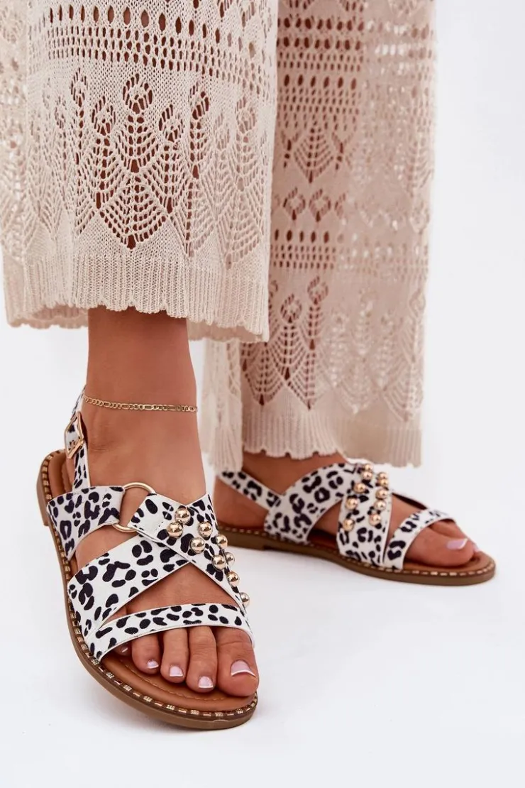 Damskie Boto Sandały Damskie Na Płaskim Obcasie Ze Złotymi Ćwiekami Biało-Czarne Zanira