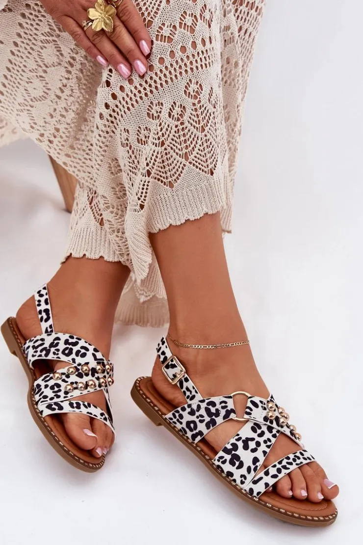 Damskie Boto Sandały Damskie Na Płaskim Obcasie Ze Złotymi Ćwiekami Biało-Czarne Zanira