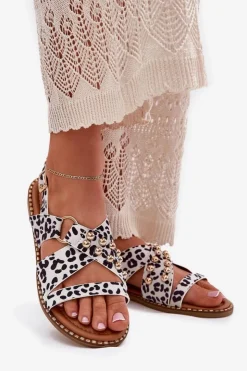 Damskie Boto Sandały Damskie Na Płaskim Obcasie Ze Złotymi Ćwiekami Biało-Czarne Zanira