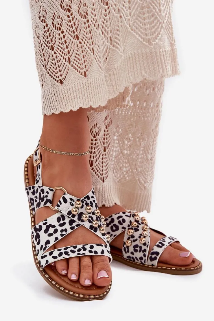 Damskie Boto Sandały Damskie Na Płaskim Obcasie Ze Złotymi Ćwiekami Biało-Czarne Zanira