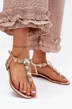 Hot Boto Sandały Damskie Na Płaskim Obcasie Z Kryształkami Złote Fiolalia