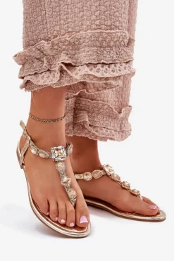 Hot Boto Sandały Damskie Na Płaskim Obcasie Z Kryształkami Złote Fiolalia