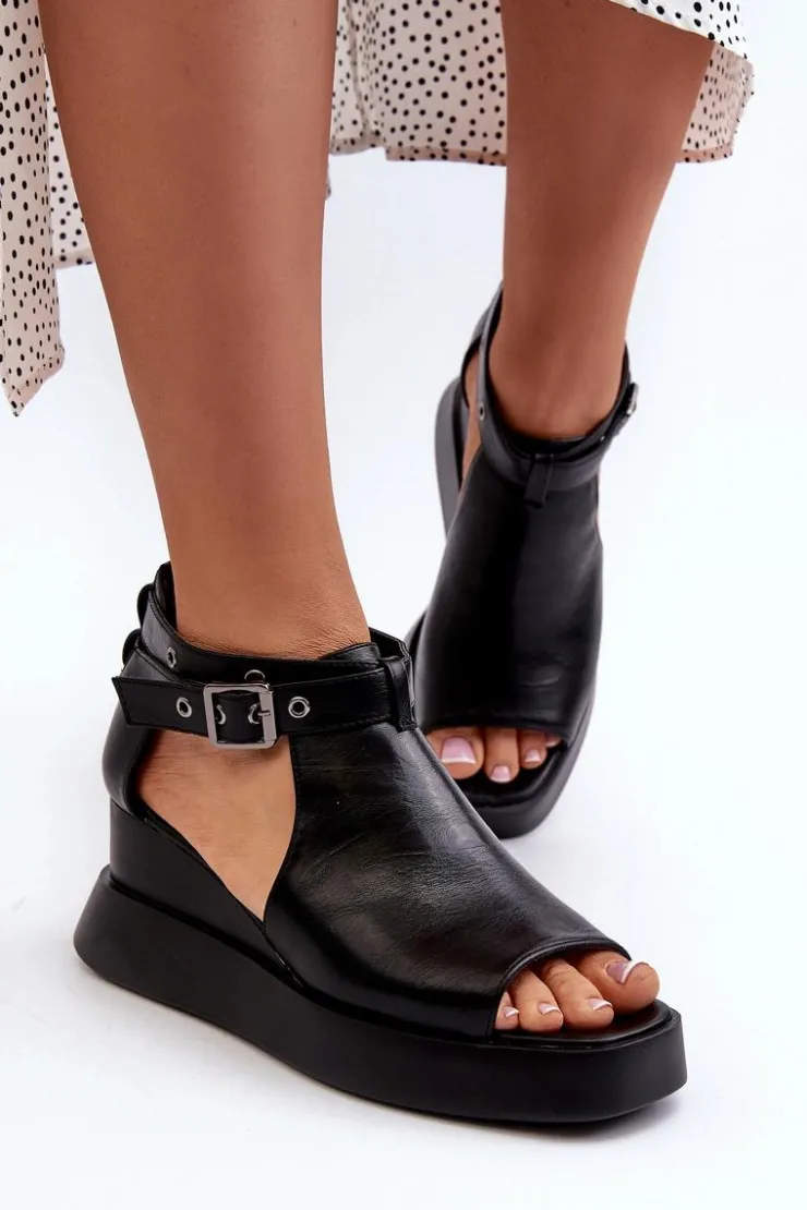 Sale Boto Sandały Damskie Na Platformie I Koturnie Z Eko Skóry Czarne Hloeli