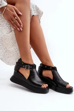 Sale Boto Sandały Damskie Na Platformie I Koturnie Z Eko Skóry Czarne Hloeli