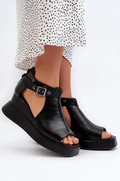 Sale Boto Sandały Damskie Na Platformie I Koturnie Z Eko Skóry Czarne Hloeli