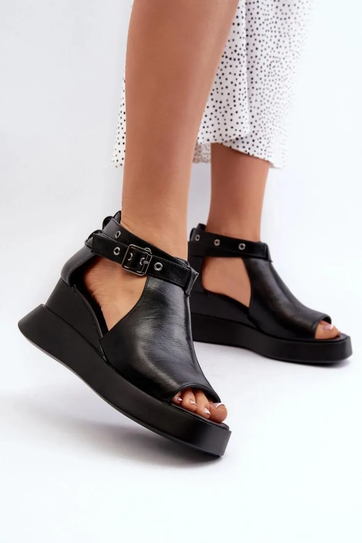 Sale Boto Sandały Damskie Na Platformie I Koturnie Z Eko Skóry Czarne Hloeli