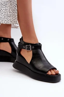 Sale Boto Sandały Damskie Na Platformie I Koturnie Z Eko Skóry Czarne Hloeli