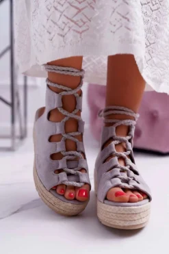 Boto Sandały Na Koturnie|Sandały Płaskie*Sandały Damskie Na Platformie Z Espadrylem Sznurowane Szare Grand