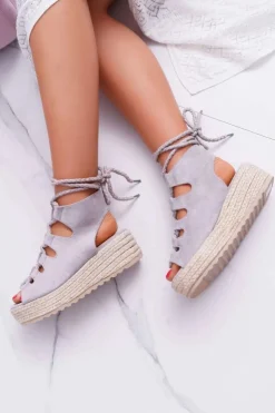 Boto Sandały Na Koturnie|Sandały Płaskie*Sandały Damskie Na Platformie Z Espadrylem Sznurowane Szare Grand