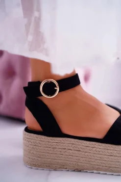 Damskie Boto Sandały Damskie Na Platformie Lniane Czarne Dafostre