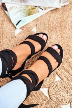 Damskie Boto Sandały Damskie Na Platformie Wiązane Czarne La Favorite