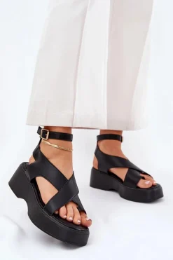 Best Boto Sandały Damskie Na Platformie I Koturnie Eko Skórzane Czarne Tenzorus Czarny