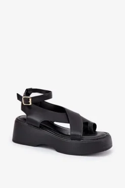 Best Boto Sandały Damskie Na Platformie I Koturnie Eko Skórzane Czarne Tenzorus Czarny