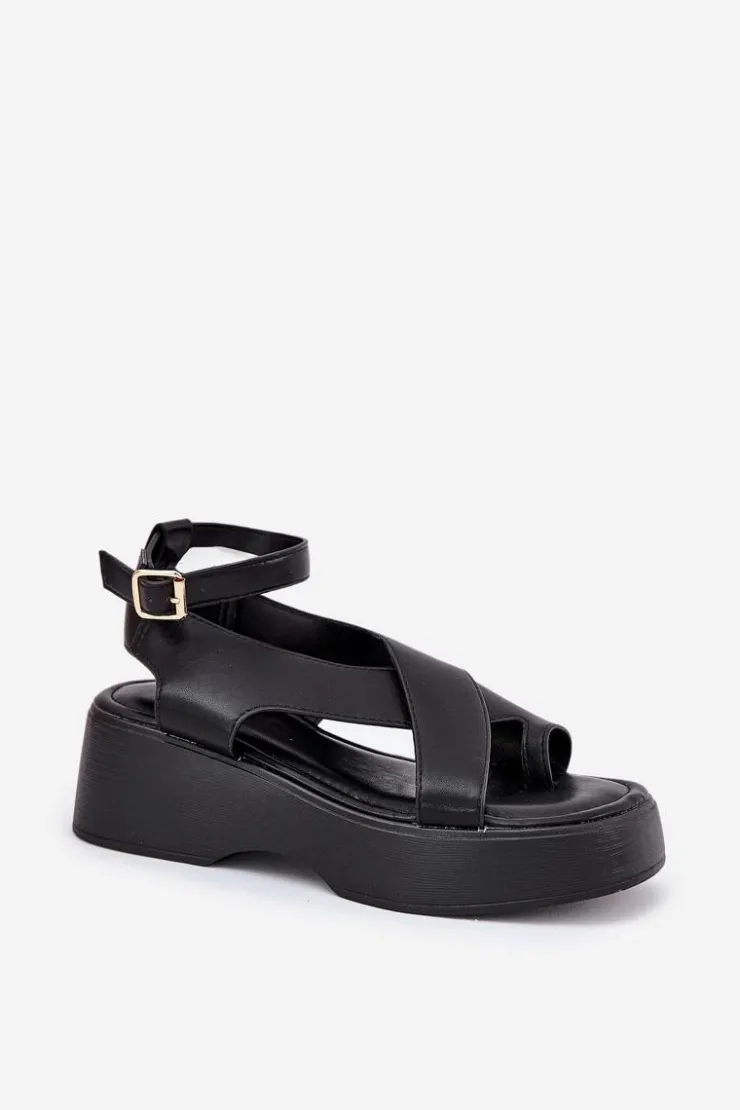 Best Boto Sandały Damskie Na Platformie I Koturnie Eko Skórzane Czarne Tenzorus Czarny