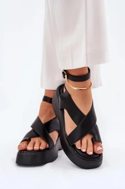 Best Boto Sandały Damskie Na Platformie I Koturnie Eko Skórzane Czarne Tenzorus Czarny