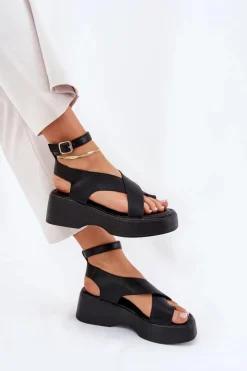 Best Boto Sandały Damskie Na Platformie I Koturnie Eko Skórzane Czarne Tenzorus Czarny