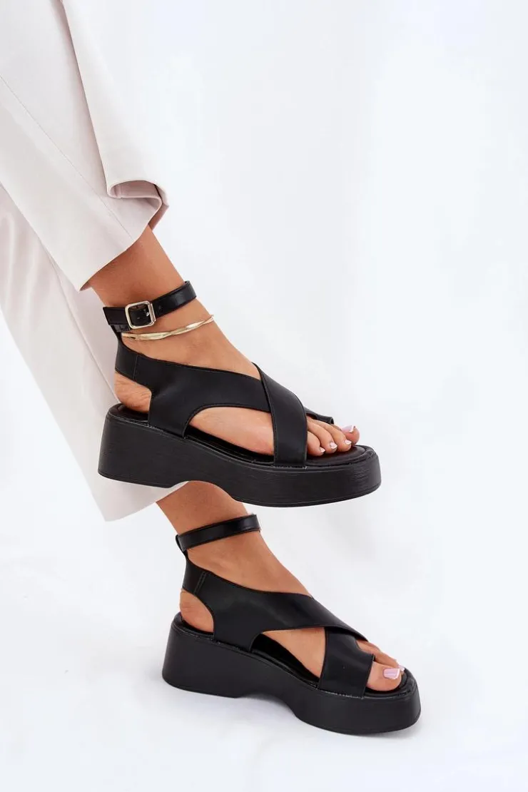 Best Boto Sandały Damskie Na Platformie I Koturnie Eko Skórzane Czarne Tenzorus Czarny