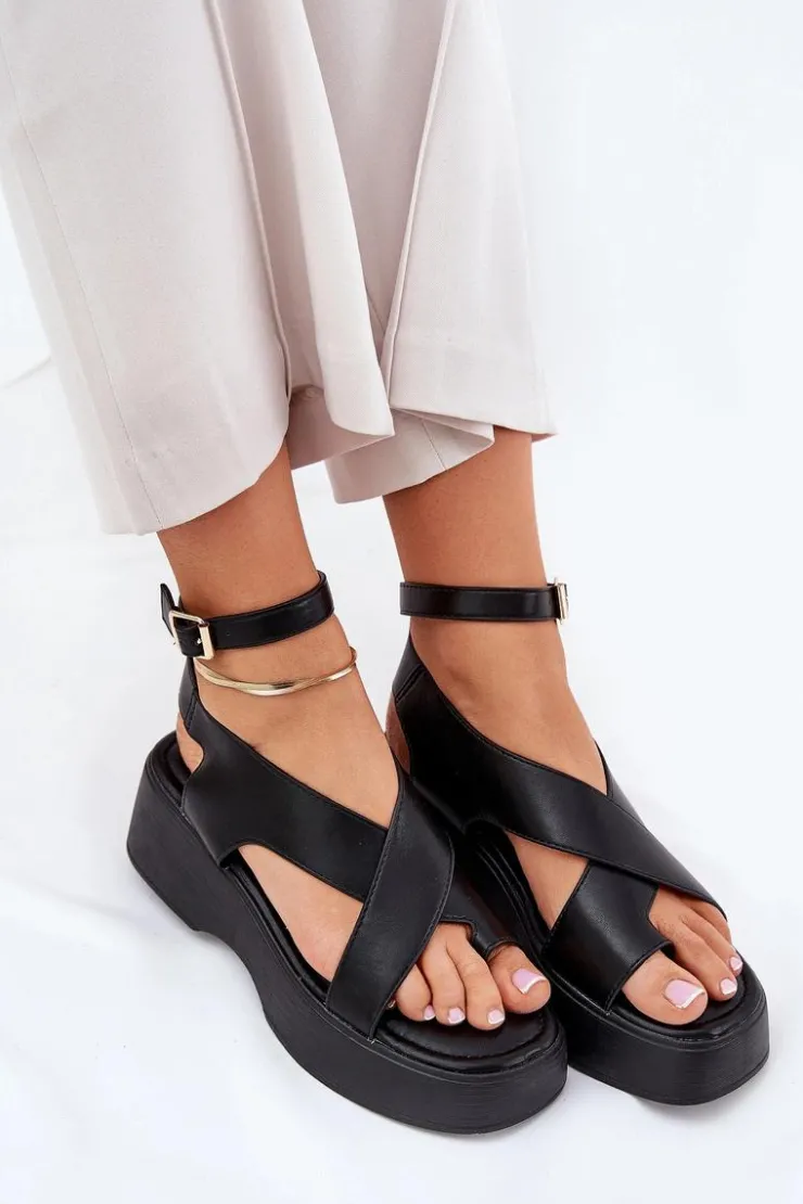 Best Boto Sandały Damskie Na Platformie I Koturnie Eko Skórzane Czarne Tenzorus Czarny