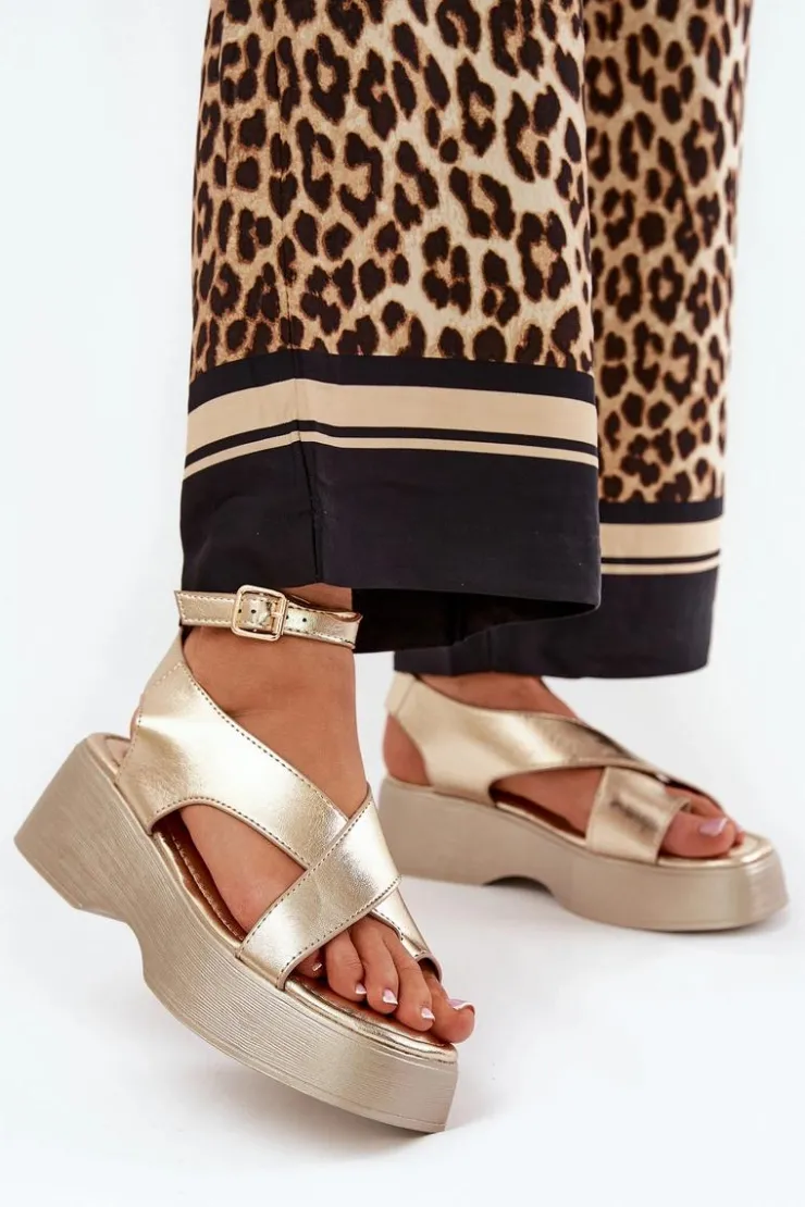 Best Boto Sandały Damskie Na Platformie I Koturnie Eko Skórzane Złote Tenzorus Złoty