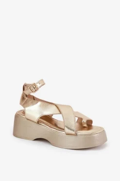 Best Boto Sandały Damskie Na Platformie I Koturnie Eko Skórzane Złote Tenzorus Złoty