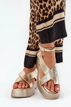 Best Boto Sandały Damskie Na Platformie I Koturnie Eko Skórzane Złote Tenzorus Złoty