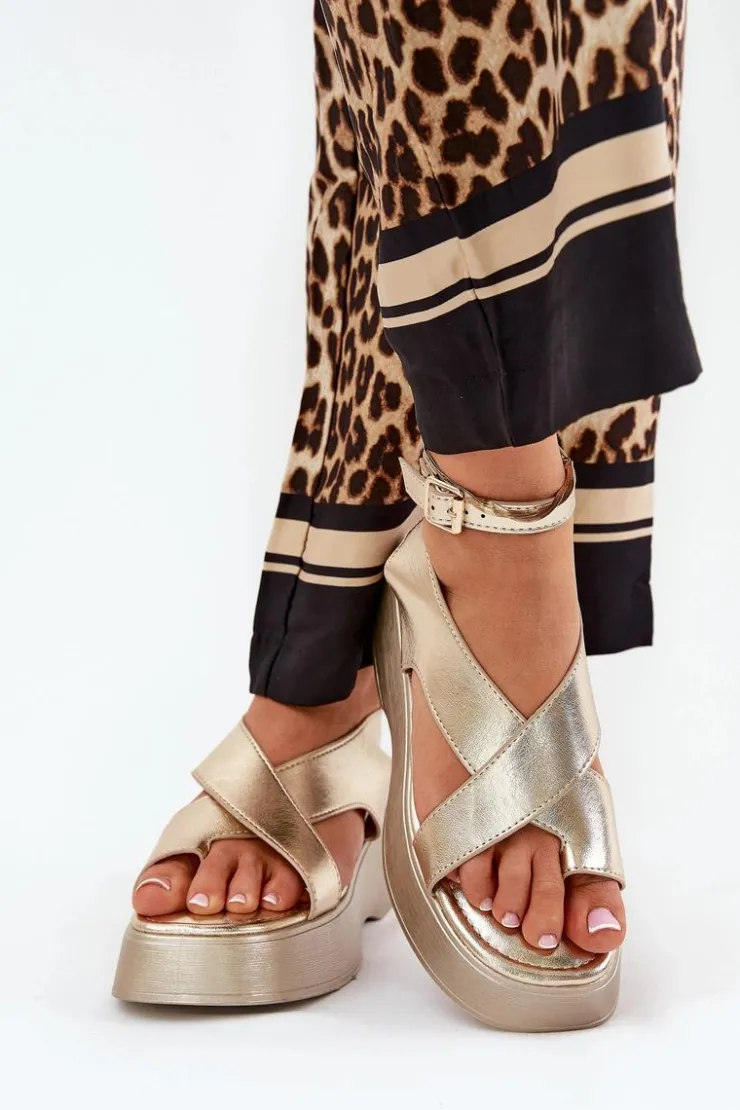 Best Boto Sandały Damskie Na Platformie I Koturnie Eko Skórzane Złote Tenzorus Złoty