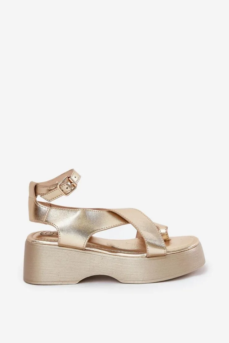 Best Boto Sandały Damskie Na Platformie I Koturnie Eko Skórzane Złote Tenzorus Złoty