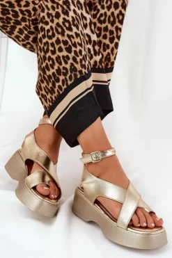 Best Boto Sandały Damskie Na Platformie I Koturnie Eko Skórzane Złote Tenzorus Złoty