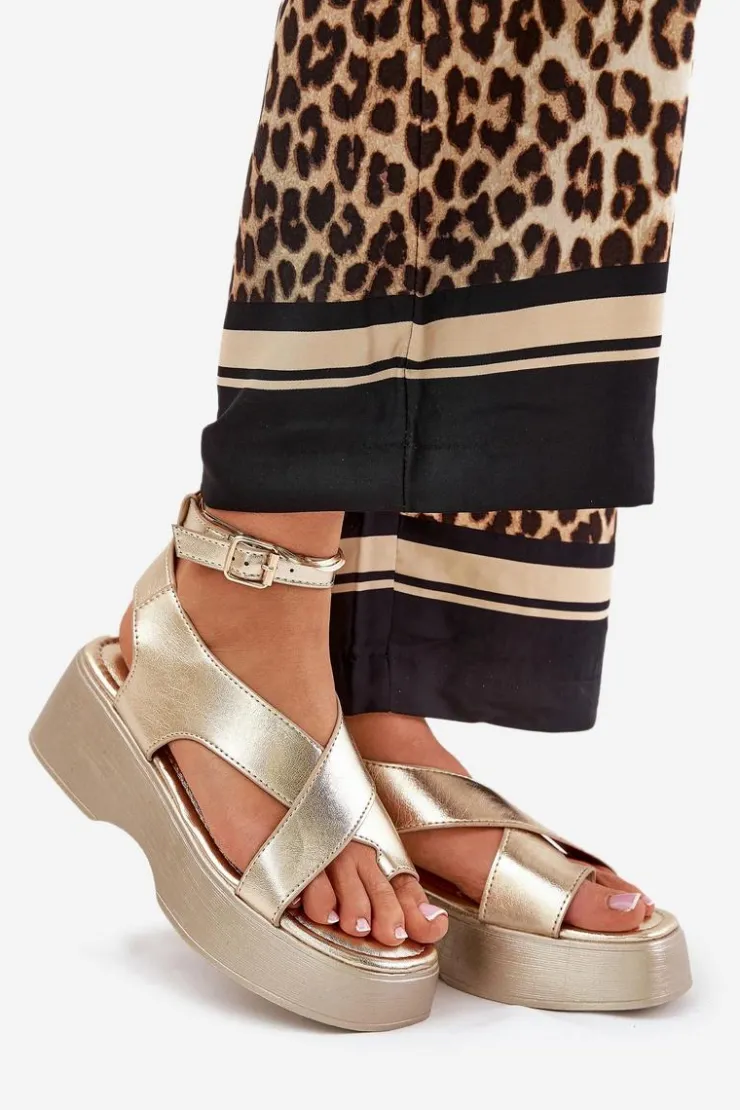 Best Boto Sandały Damskie Na Platformie I Koturnie Eko Skórzane Złote Tenzorus Złoty