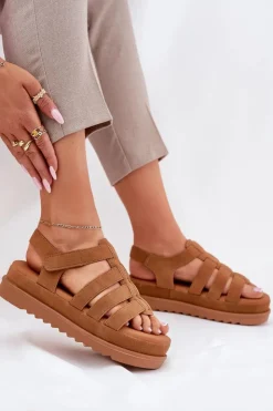 Damskie Boto Sandały Damskie Na Platformie Eko Zamszowe Camel Filisenia