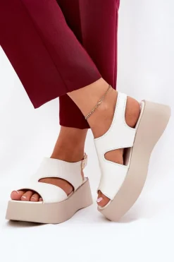 Damskie Boto Sandały Damskie Na Platformie Eko Skórzane Białe Karonia