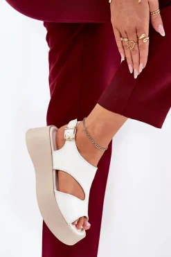 Damskie Boto Sandały Damskie Na Platformie Eko Skórzane Białe Karonia