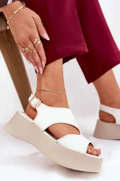 Damskie Boto Sandały Damskie Na Platformie Eko Skórzane Białe Karonia