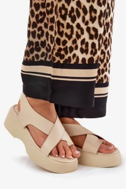 Damskie Boto Sandały Damskie Na Platformie I Koturnie Eko Skórzane Beżowe Tenzorus