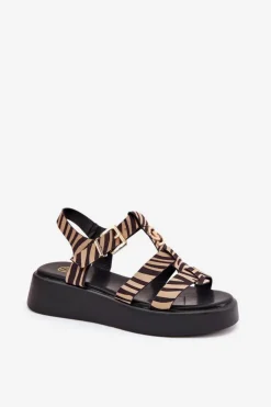 Damskie Boto Sandały Damskie Na Platformie Ze Złotym Detalem Zebra Beżowo-Czarne Fevire