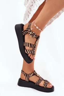 Damskie Boto Sandały Damskie Na Platformie Ze Złotym Detalem Zebra Beżowo-Czarne Fevire