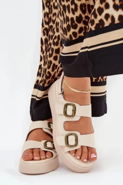 Boto Sandały Na Koturnie|Sandały Płaskie*Sandały Damskie Na Platformie I Koturnie Z Klamrami Beżowe Genorre Beżowy